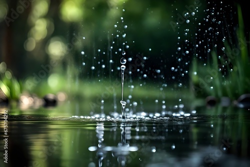 Falling Drops of Pure Water. Drops of water drip onto the surface of a small pond with clear water and a finely 