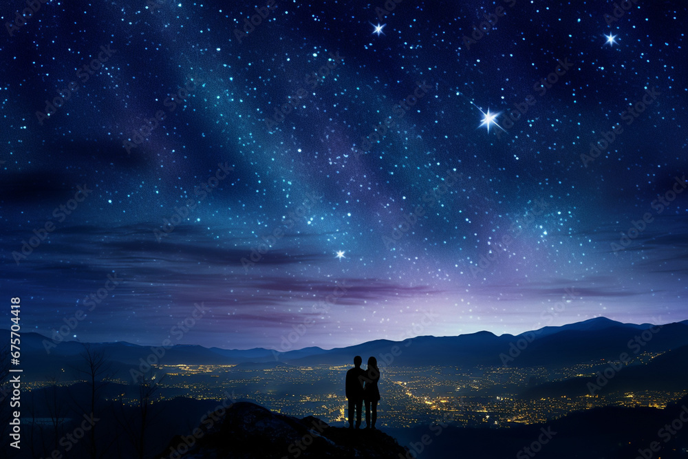 three people standing on a hill looking at the sky