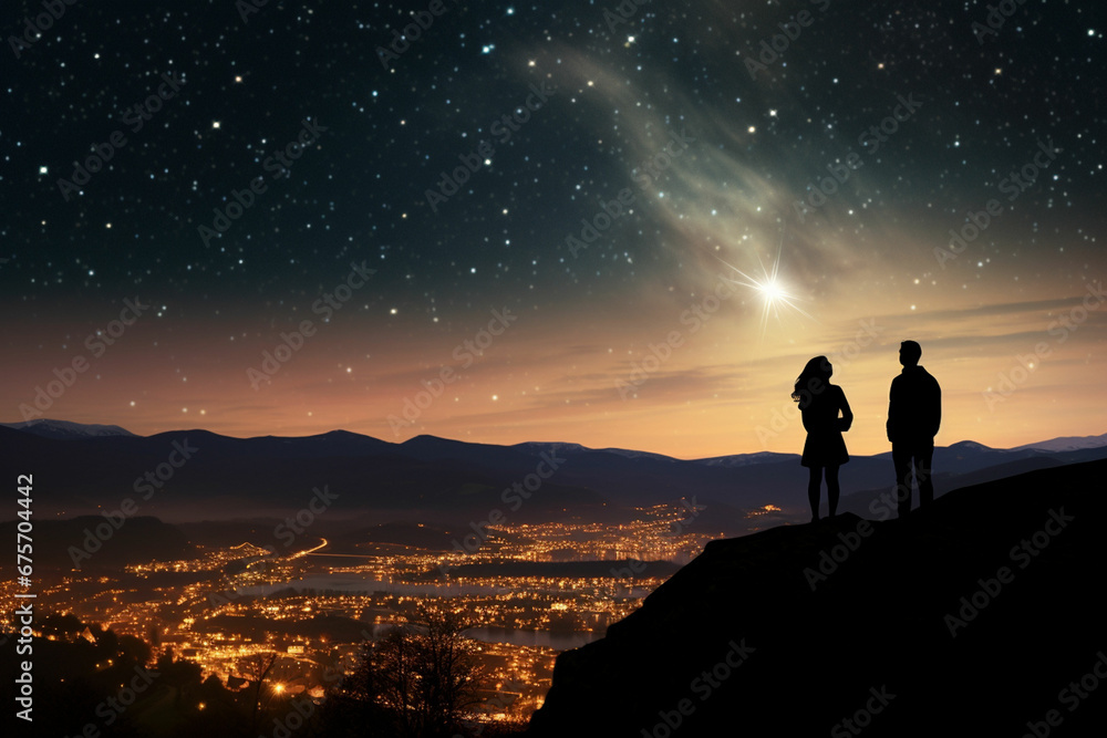 three people standing on a hill looking at the sky