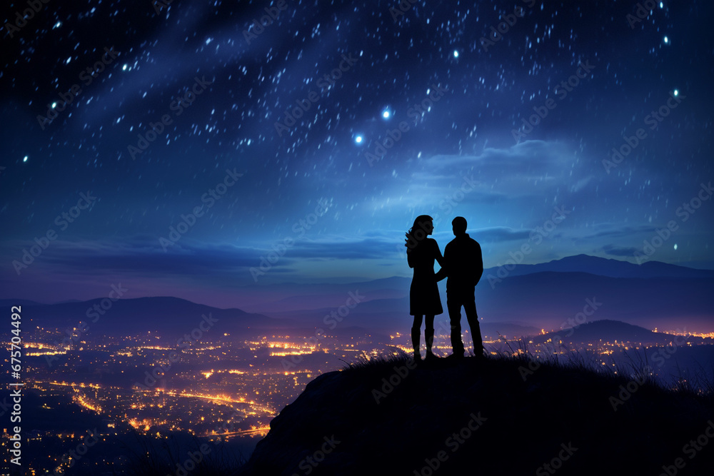three people standing on a hill looking at the sky three people standing on a hill looking at the sky