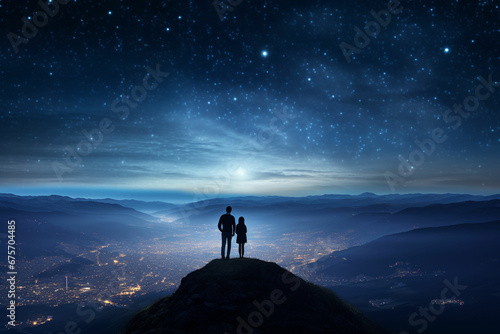 three people standing on a hill looking at the sky photo