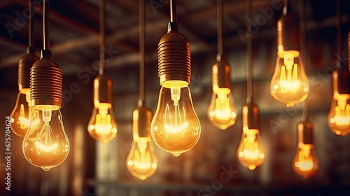 Vintage tungsten filament multiple lamps. Decorative incandescent bulbs in Edison style on dark background. Lamp. Hanging decorative. Suspended under the ceiling light bulbs,. Idea concept. Teamwork