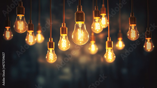 Vintage tungsten filament multiple lamps. Decorative incandescent bulbs in Edison style on dark background. Lamp. Hanging decorative. Suspended under the ceiling light bulbs,. Idea concept. Teamwork photo