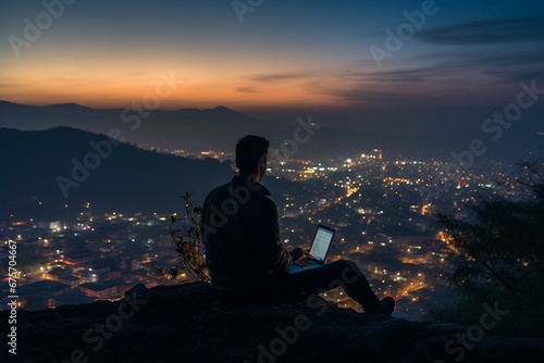 three people standing on a hill looking at the sky