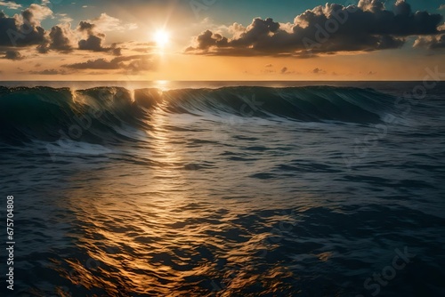 Sun rising over the ocean with textured water surface 