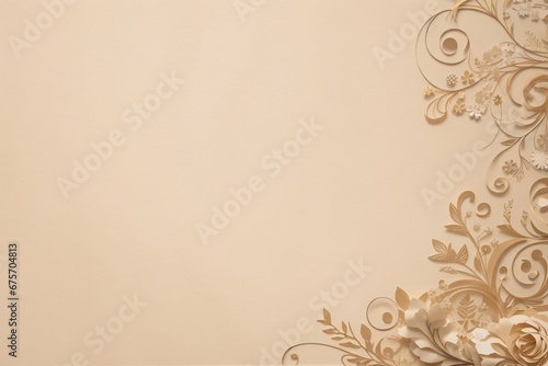 Design elements on a basic beige paper texture background. Background for party, birthday, wedding or graduation invitation card in white color with floral elements in soft art style. Generative Ai. photo