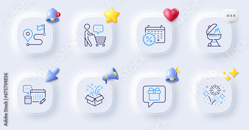 Calendar discounts, Journey and Grill line icons. Buttons with 3d bell, chat speech, cursor. Pack of Wish list, Fireworks, Account icon. Buyer think, Gift pictogram. For web app, printing. Vector