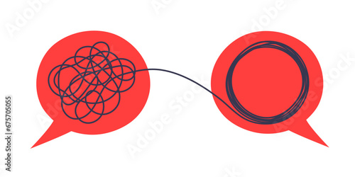 Psychologist consulting or mental problem solving brainstorm concept. Two speech bubbles conversation icons with line scribbles. Coach, mentoring psychotherapy. Complex to simple mind concept.