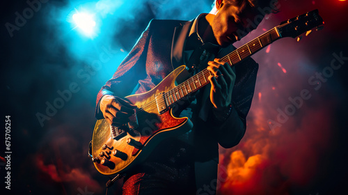 Musician playing electric guitar with his band.Rock and roll guitar player in a show, on a stage.