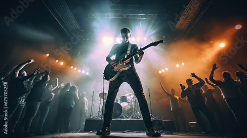 Musician playing electric guitar with his band.Rock and roll guitar player in a show, on a stage.