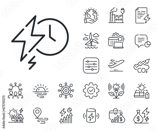 Charge accumulator sign. Energy, Co2 exhaust and solar panel outline icons. Charging time line icon. Electric power symbol. Charging time line sign. Eco electric or wind power icon. Vector