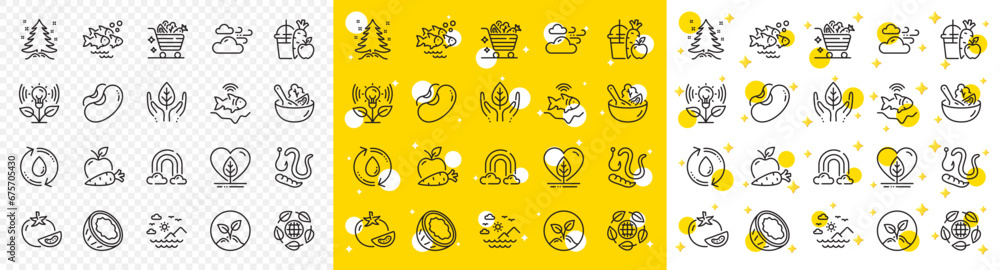 Outline Worms, Eco organic and Apple carrot line icons pack for web with Sea mountains, Refill water, Vegetables cart line icon. Local grown, Fair trade, Coconut pictogram icon. Tomato. Vector Outline Worms, Eco organic and Apple carrot line icons pack for web with Sea mountains, Refill water, Vegetables cart line icon. Local grown, Fair trade, Coconut pictogram icon. Tomato. Vector