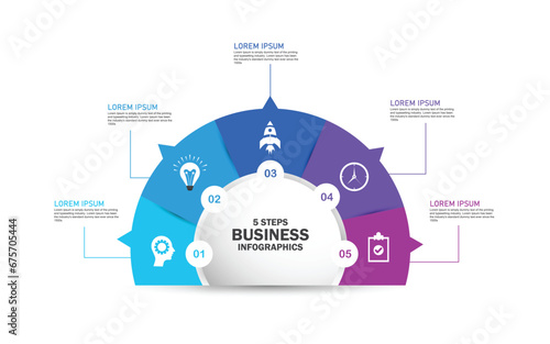 Semicircle Diagram Slide Template. Process chart with five elements