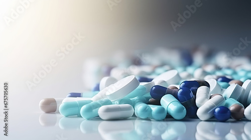 Blue-white capsule pills spread out of plastic spoon on white background.Prescription drug. Healthcare and medicine. Tele pharmacy banner. Pharmaceutical product. Medical care. Pharmaceutical industry photo