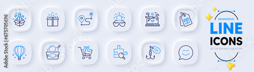 Smile chat, Air balloon and Airplane travel line icons for web app. Pack of Fireworks rocket, Best glasses, Coupons pictogram icons. Cross sell, Fishing lure, Special offer signs. Vector