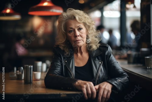 Portrait of an elderly woman sitting at a bar counter in a pub