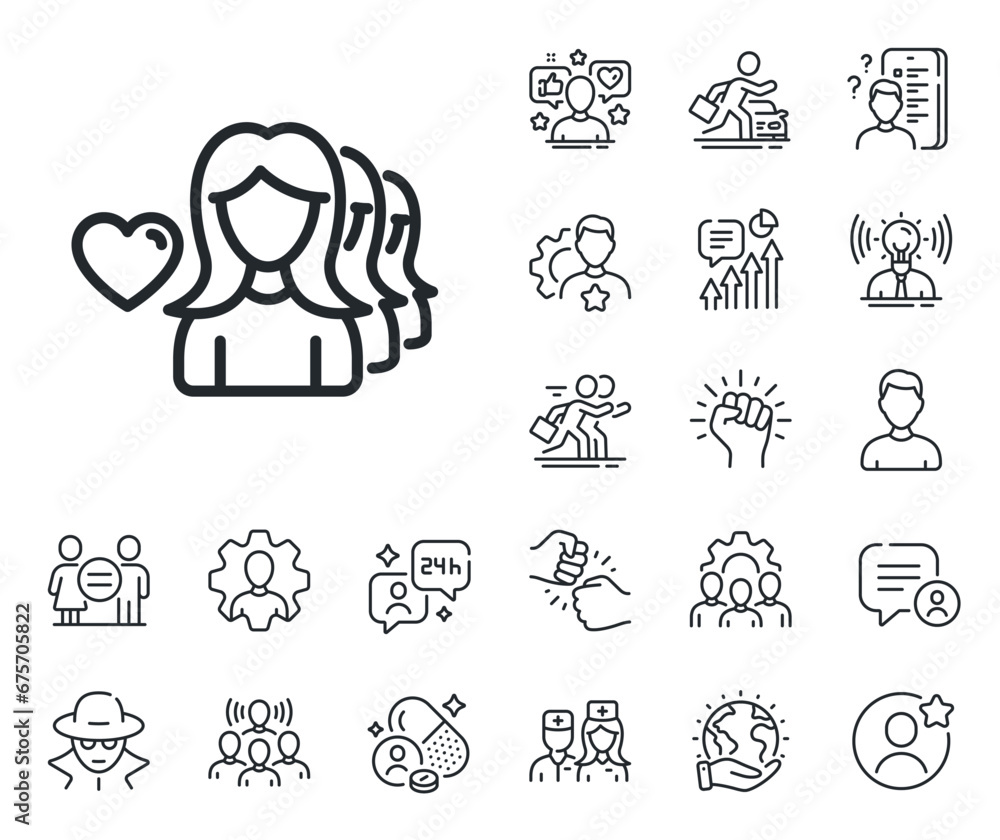 Group of Women sign. Specialist, doctor and job competition outline icons. Couple Love line icon. Valentines day symbol. Woman love line sign. Avatar placeholder, spy headshot icon. Vector Group of Women sign. Specialist, doctor and job competition outline icons. Couple Love line icon. Valentines day symbol. Woman love line sign. Avatar placeholder, spy headshot icon. Vector