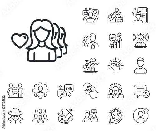 Group of Women sign. Specialist, doctor and job competition outline icons. Couple Love line icon. Valentines day symbol. Woman love line sign. Avatar placeholder, spy headshot icon. Vector