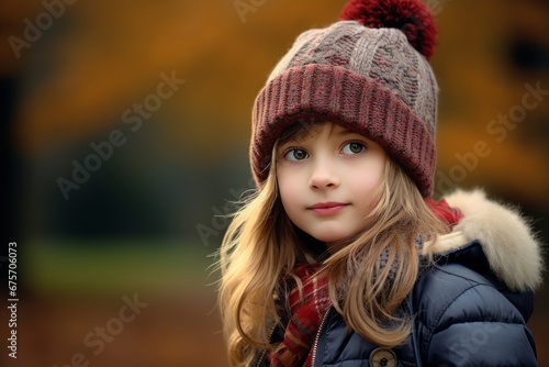 Cute little girl in a warm hat and coat in the autumn park.