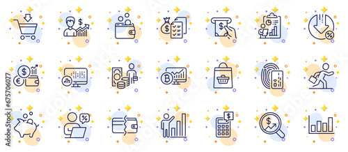 Outline set of Business growth, Piggy bank and Accounting wealth line icons for web app. Include Currency audit, Card, Loan percent pictogram icons. Wallet money, Currency rate. Vector