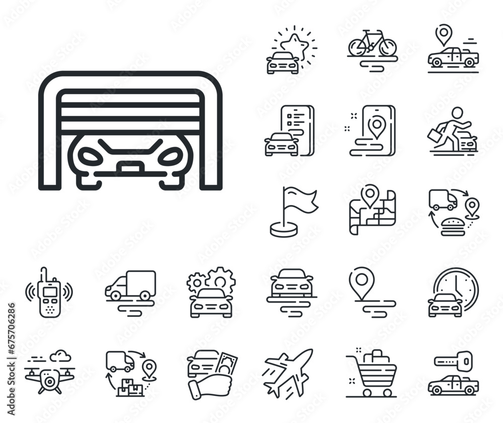 Auto park sign. Plane, supply chain and place location outline icons. Parking garage line icon. Car place symbol. Parking garage line sign. Taxi transport, rent a bike icon. Travel map. Vector