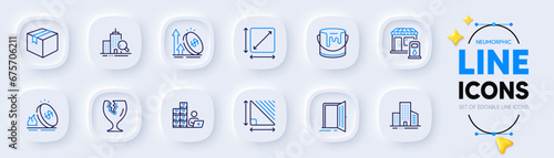 Filling station, Open door and Parcel line icons for web app. Pack of Inventory, Gas price, Triangle area pictogram icons. Buildings, Fragile package, Paint signs. Excise duty, Inspect. Vector