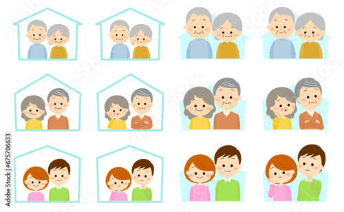 若夫婦、老夫婦、高齢老夫婦アイコンセット