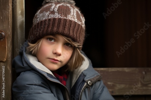 Outdoor portrait of cute little boy in winter hat and coat.