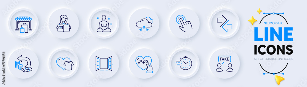 Market, Timer and Snow weather line icons for web app. Pack of Genders, Yoga, Cash back pictogram icons. Open door, Synchronize, Cursor signs. Fake information, Woman read, Clothing. Vector Market, Timer and Snow weather line icons for web app. Pack of Genders, Yoga, Cash back pictogram icons. Open door, Synchronize, Cursor signs. Fake information, Woman read, Clothing. Vector