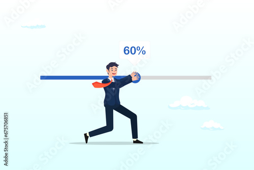 Businessman try hard to push working progress bar to finish in deadline, working project progress, effort to finish work or achieve business success, accomplishment, ambition (Vector)