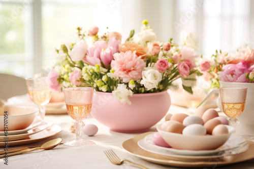 Beautiful table setting with spring flowers for Easter celebration.