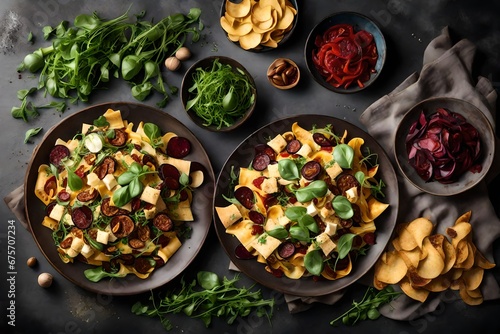 Vegetarian Pappardelle with zucchini and eggplant. Fresh vegetable salad with sun dried tomato, spinach and potato chips. Vegan roasted beetroot salad with arugula, tofu and nuts. Vegetarian pizza wit photo
