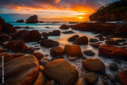 Tropical colorful sunrise at the stones beach 4k, 8k, 16k, full ultra hd, high resolution and cinematic photography 