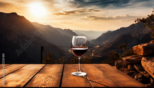 a glass of red wine on a table in front of a mountain range photo