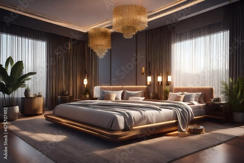 Digitally generated fancy master bedroom interior design. The scene was rendered with photorealistic shaders and lighting in Autodesk® 3ds Max 2020 with V-Ray 5 with some post-production added.  photo
