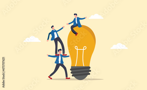 teamwork for mutual success, teamwork partnership to collaborate, leadership or manager to help employees achieve goals concept, businessman helping coworkers to realize light bulb ideas.