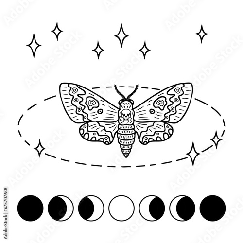 Monochrome Hawk moth acherontia atropos butterfly moon phases pattern. Perfect design for magic craft. Hand drawn vector illustration.