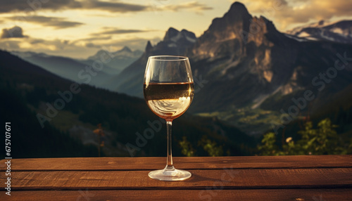 a glass of red wine on a table in front of a mountain range