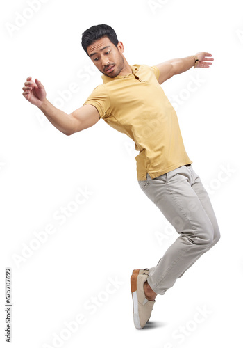 Dance, balance and man with freedom, energy and performance with comedy and music. Creative, moving and action with confidence of male person and dancer isolated on a transparent, png background