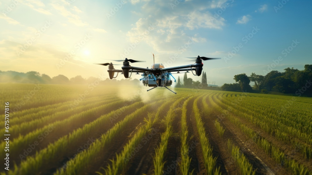 Agricultural drones spray chemicals on crop fields. Agricultural drones spray chemicals on crop fields.