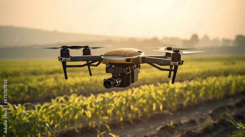 Agricultural drones spray chemicals on crop fields.