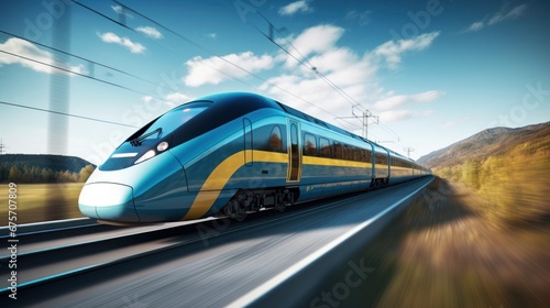 High speed train moving at speed, natural scenery