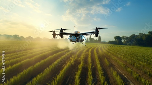 Agricultural drones spray chemicals on crop fields.