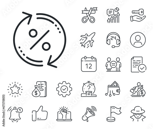 Discount sign. Salaryman, gender equality and alert bell outline icons. Loan percent update line icon. Credit percentage rate symbol. Loan percent line sign. Spy or profile placeholder icon. Vector