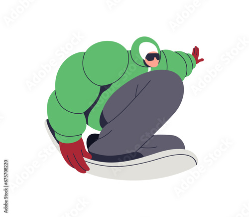 Young active man on snowboard. Jump and trick on snow board. Extreme winter sports activity in cold season. Snowboarder in action, movement. Flat vector illustration isolated on white background