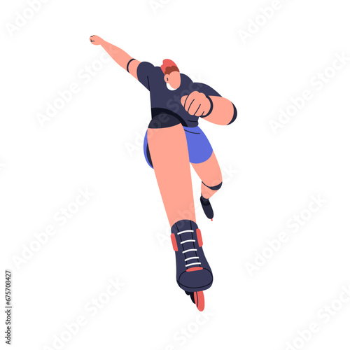 Young man skater running, rolling. Active guy, roller skater character in motion, action. Person on roller skates, moving at fast speed. Flat vector illustration isolated on white background