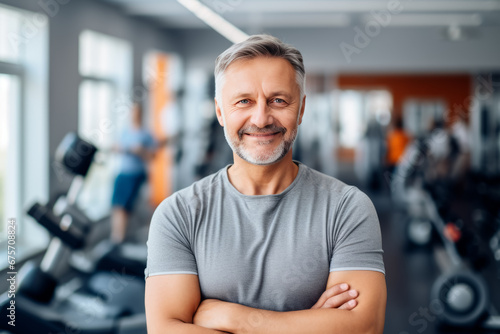 portrait of smiling senior man at gym while looking at camera. Healthy lifestyle