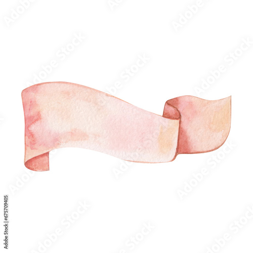 Watercolor illustration of pink holiday ribbon with space for text. Hand drawn.