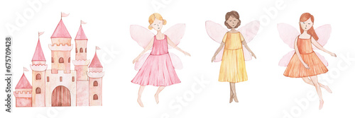 Watercolor illustration of a fairy tale. Cute pictures for little girls. Pink castle. Hand drawn.