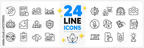Icons set of Video conference, Sales diagram and Lgbt line icons pack for app with Currency exchange, Shoulder strap, Winner thin outline icon. No microphone, Eye detect. Design with 3d stars. Vector